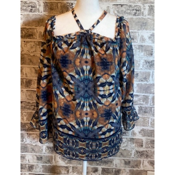 INC International Concepts sz L lined cold shoulder blouse. Blue. Sparkly! - Picture 2 of 16